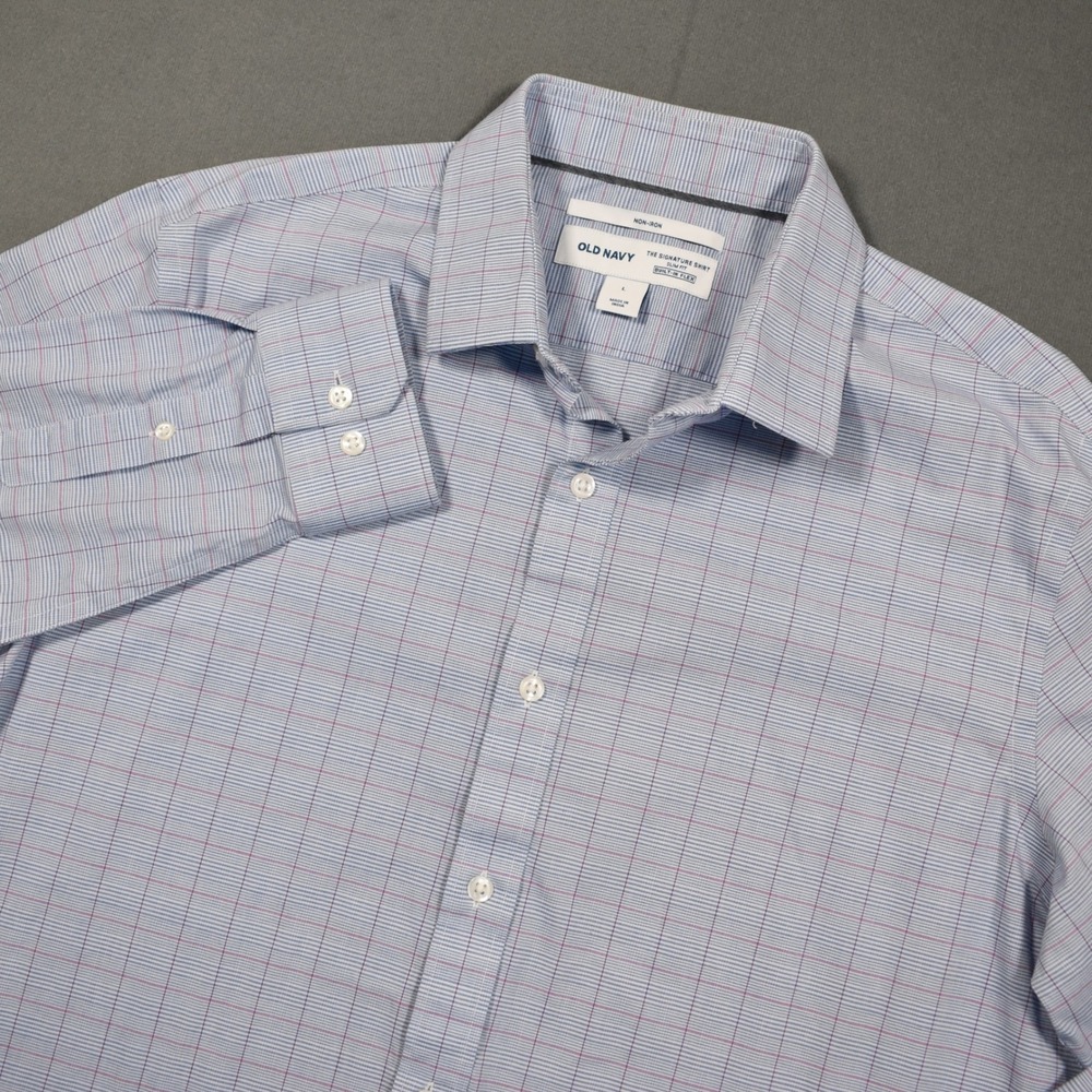 Old Navy Men's Blue Plaid Non-Iron Signature Slim Fit Flex Dress Shirt Large